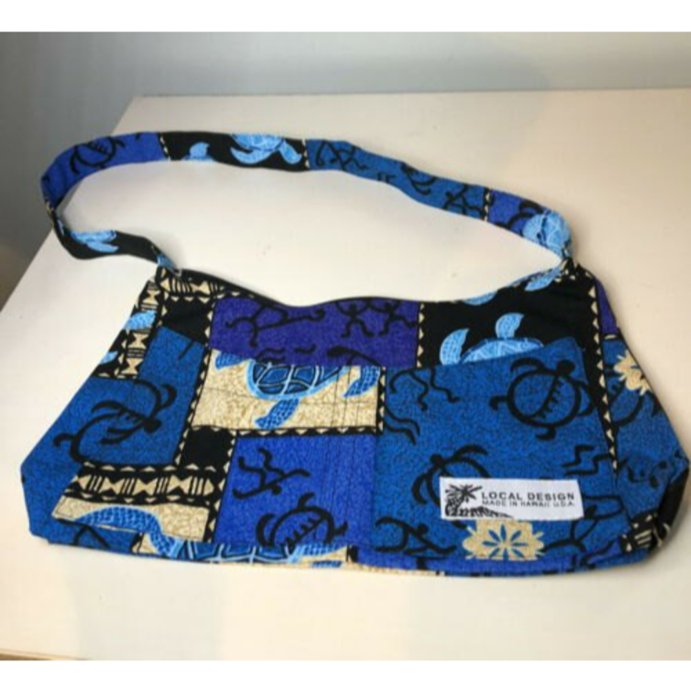 Made in Hawaii Local Design Cotton Blue Turtle Print Shoulder Bag Purse